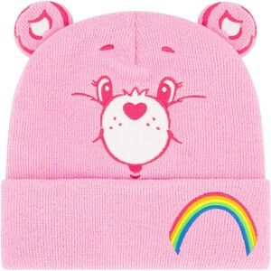 Care Bears Beanie Hat, Cheer Bear Rainbow Winter Knit Cap with 3D Ears and Cuff,